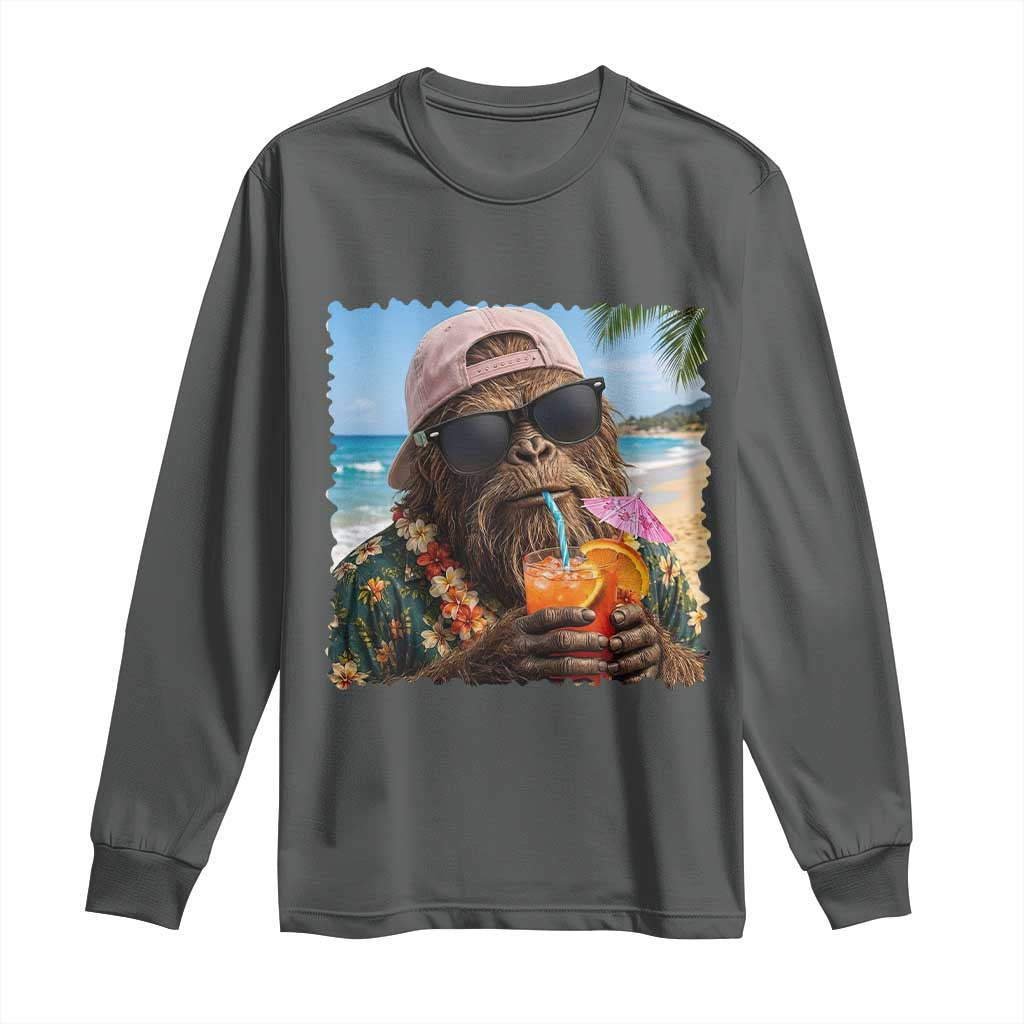 Funny Hawaiian Bigfoot Long Sleeve Shirt Tropical Beach Party Graphic TS12 Dark Heather Print Your Wear