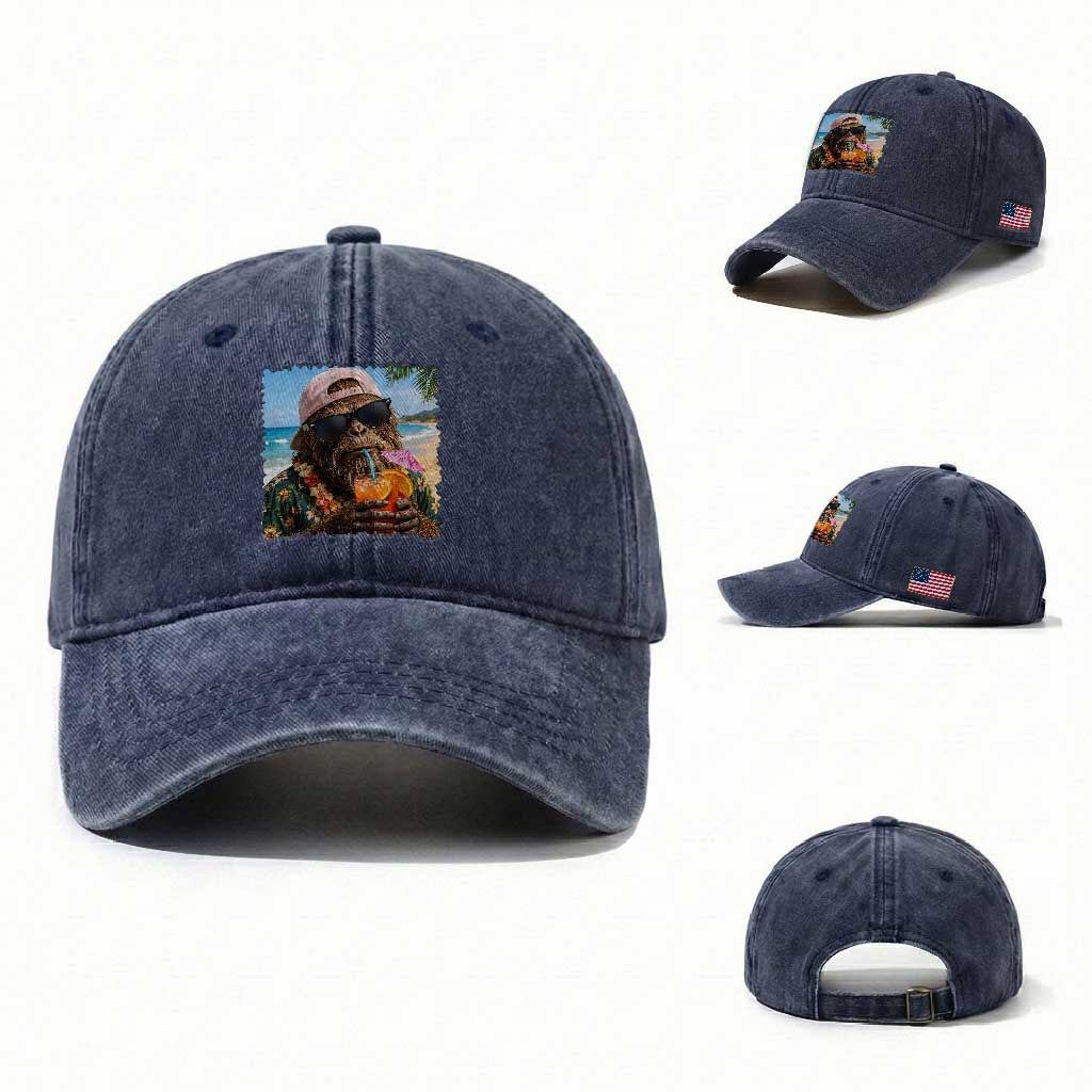 Funny Hawaiian Bigfoot Washed Cotton Baseball Cap Tropical Beach Party Graphic TS12 Washed Cap Universal Fit Navy Print Your Wear