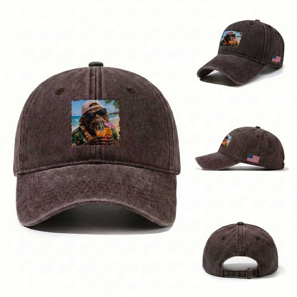 Funny Hawaiian Bigfoot Washed Cotton Baseball Cap Tropical Beach Party Graphic TS12 Washed Cap Universal Fit Dark Brown Print Your Wear