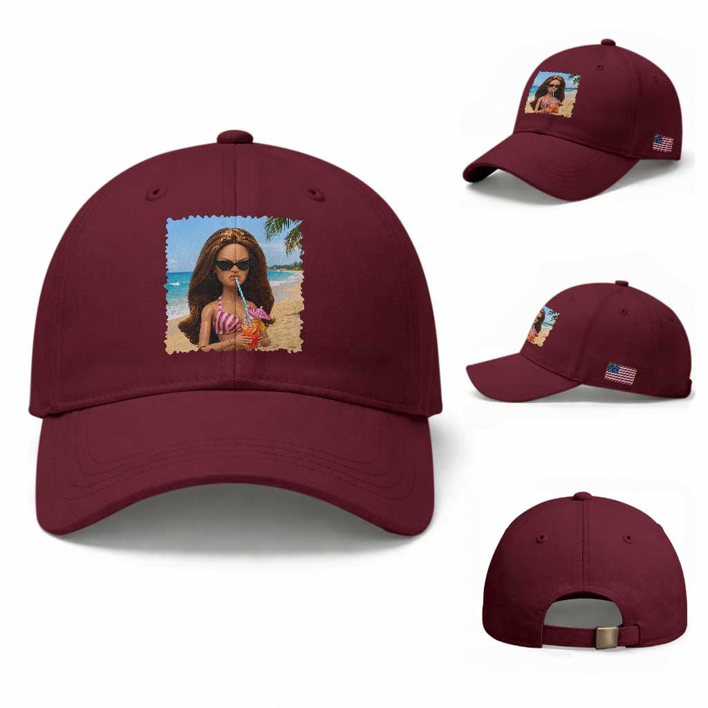 Funny Summer Doll Face Meme Baseball Cap Tropical Beach Party Graphic TS12 Baseball Cap Universal Fit Maroon Print Your Wear