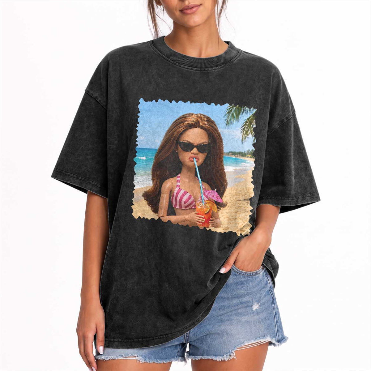 Funny Summer Doll Face Meme Washed Cotton T-Shirt Tropical Beach Party Graphic