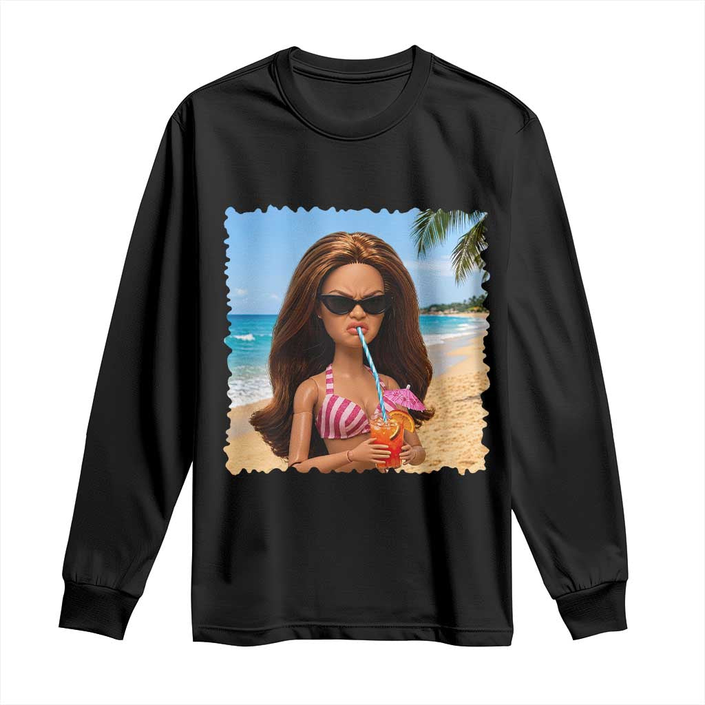 Funny Summer Doll Face Meme Long Sleeve Shirt Tropical Beach Party Graphic TS12 Black Print Your Wear