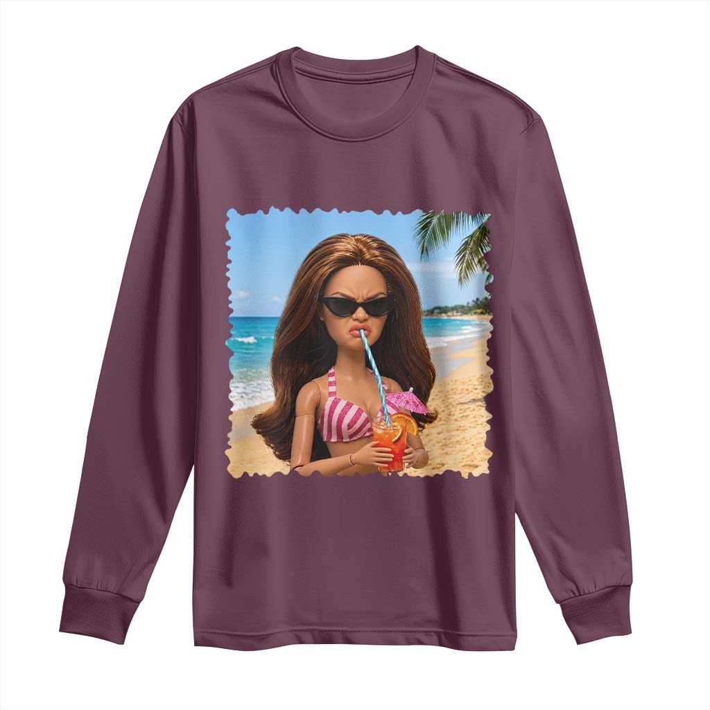 Funny Summer Doll Face Meme Long Sleeve Shirt Tropical Beach Party Graphic TS12 Maroon Print Your Wear