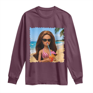 Funny Summer Doll Face Meme Long Sleeve Shirt Tropical Beach Party Graphic TS12 Maroon Print Your Wear