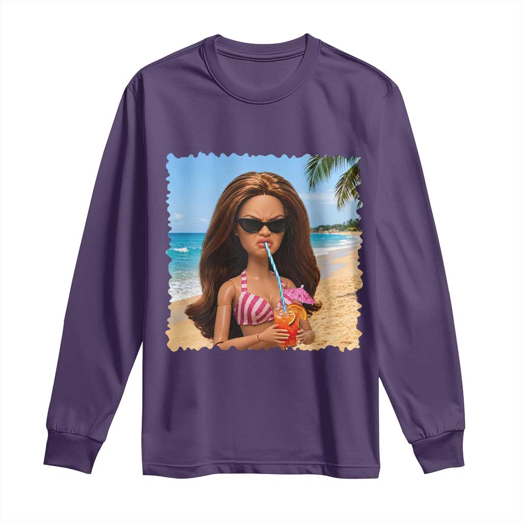 Funny Summer Doll Face Meme Long Sleeve Shirt Tropical Beach Party Graphic TS12 Purple Print Your Wear