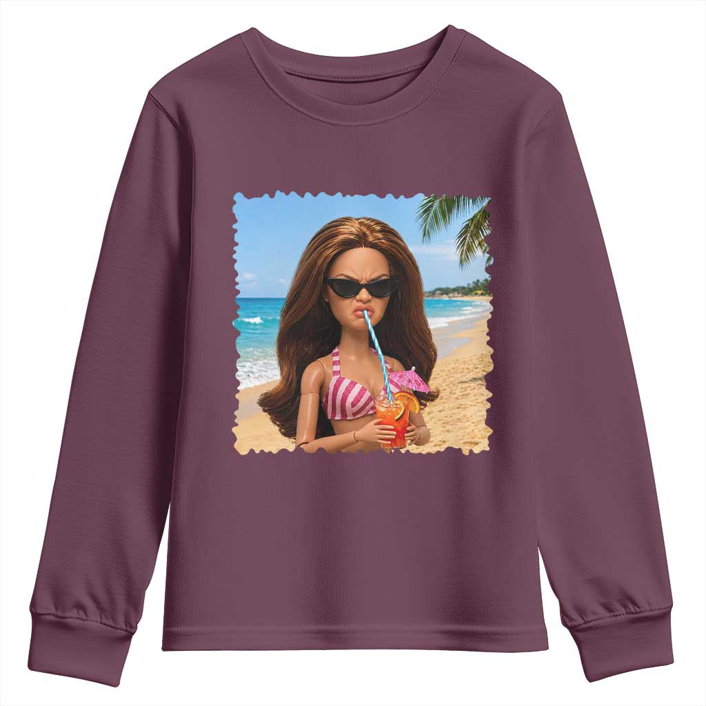 Funny Summer Doll Face Meme Youth Sweatshirt Tropical Beach Party Graphic TS12 Maroon Print Your Wear