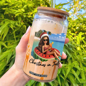 Christmas In July Tropical Doll Face Meme Glass Can Summer Vacation Graphic TS12 White Print Your Wear