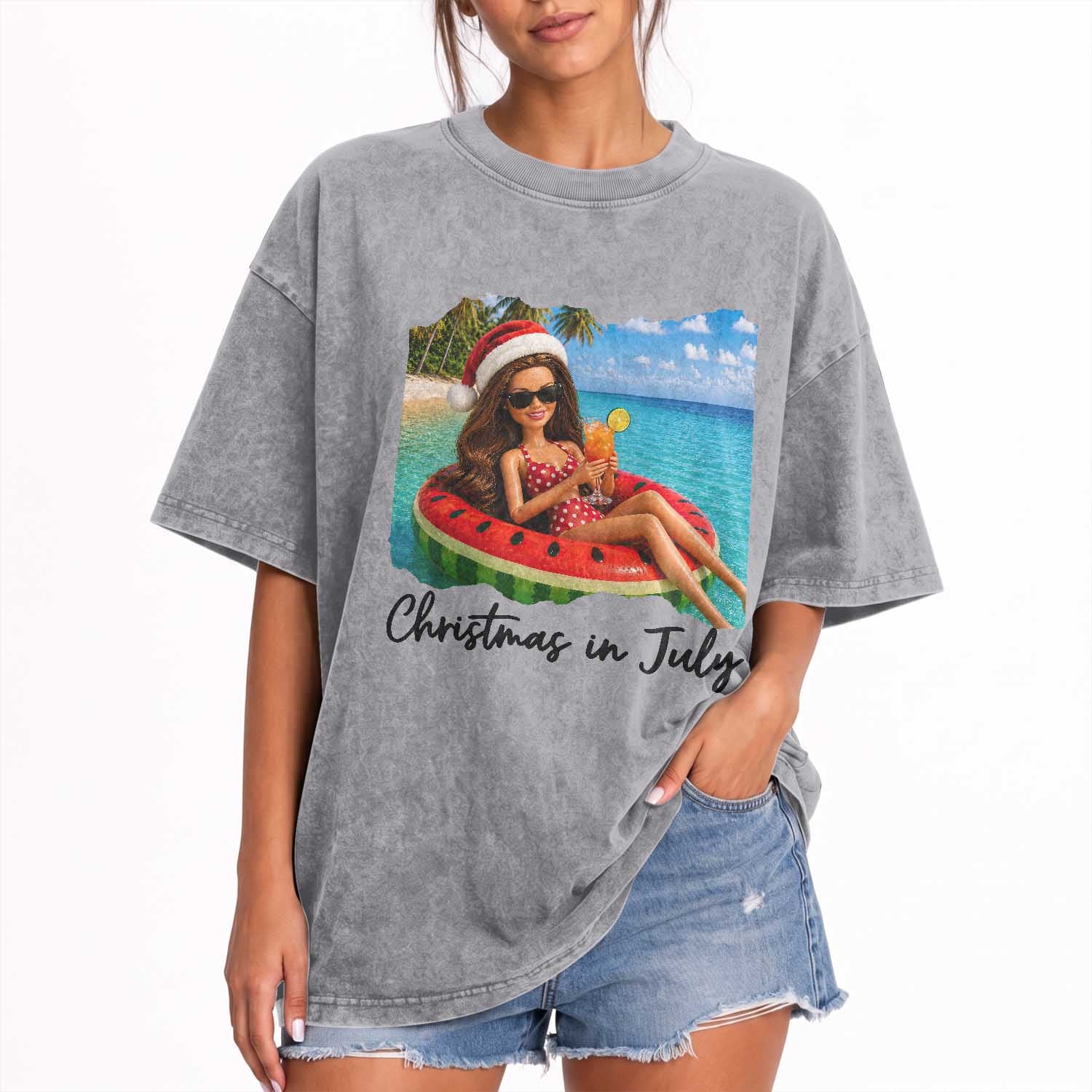 Christmas In July Tropical Doll Face Meme Washed Cotton T-Shirt Summer Vacation Graphic