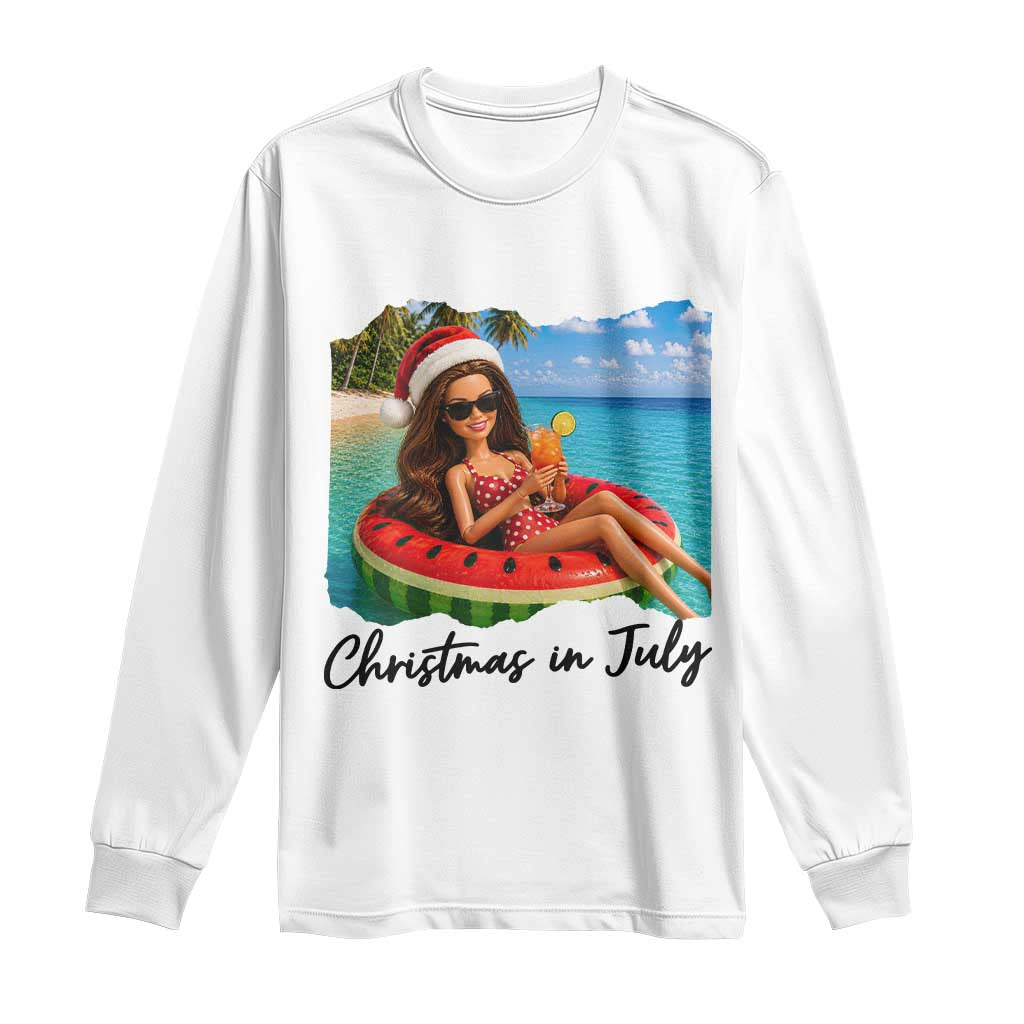 Christmas In July Tropical Doll Face Meme Long Sleeve Shirt Summer Vacation Graphic TS12 White Print Your Wear