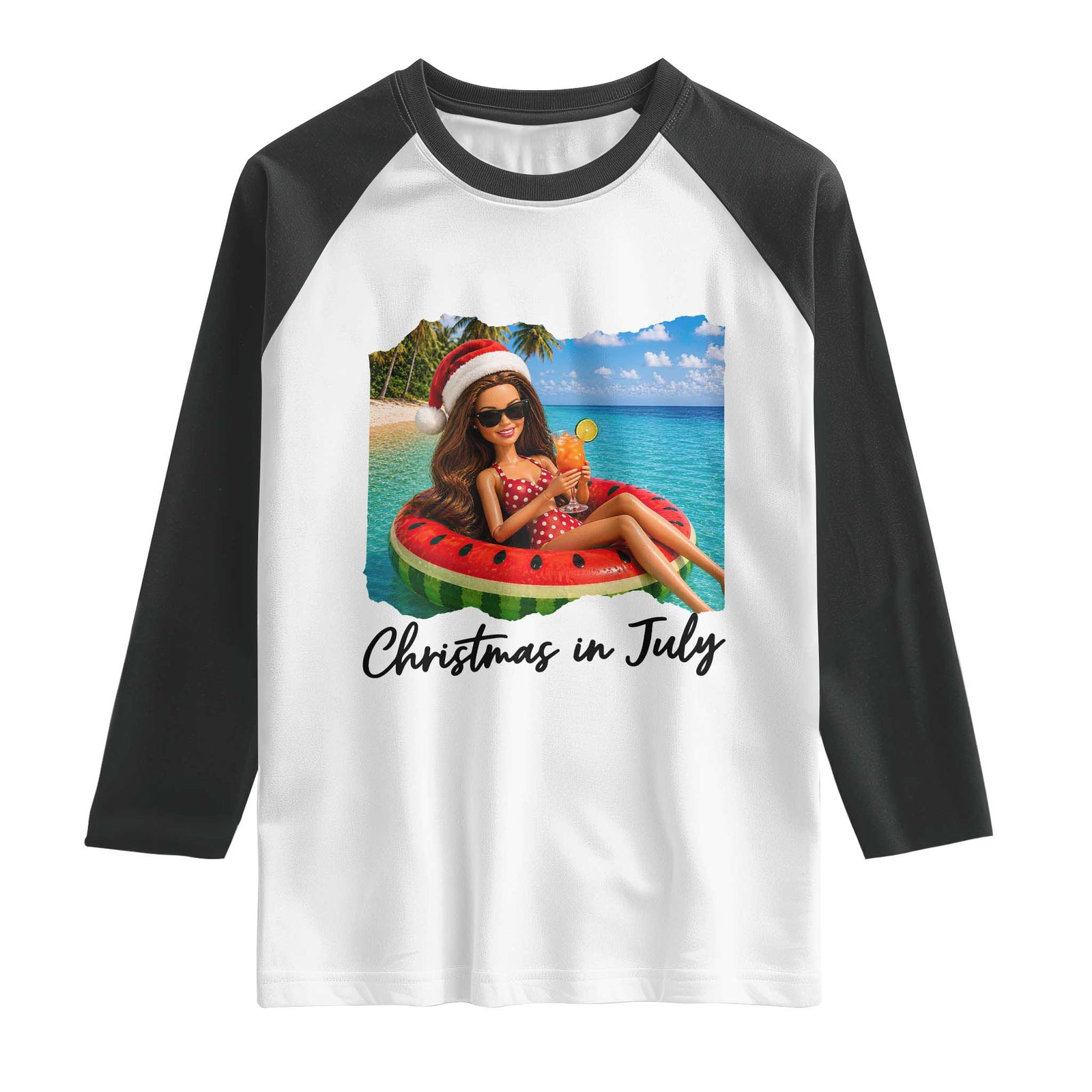 Christmas In July Tropical Doll Face Meme Raglan Shirt Summer Vacation Graphic TS12 White Black Print Your Wear