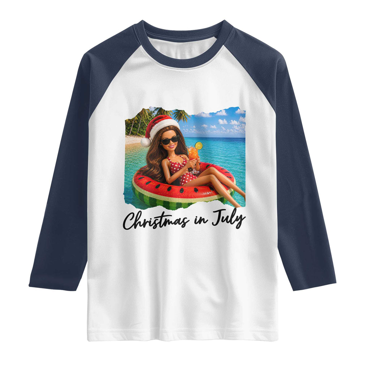 Christmas In July Tropical Doll Face Meme Raglan Shirt Summer Vacation Graphic TS12 White Navy Print Your Wear