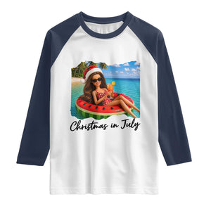 Christmas In July Tropical Doll Face Meme Raglan Shirt Summer Vacation Graphic TS12 White Navy Print Your Wear