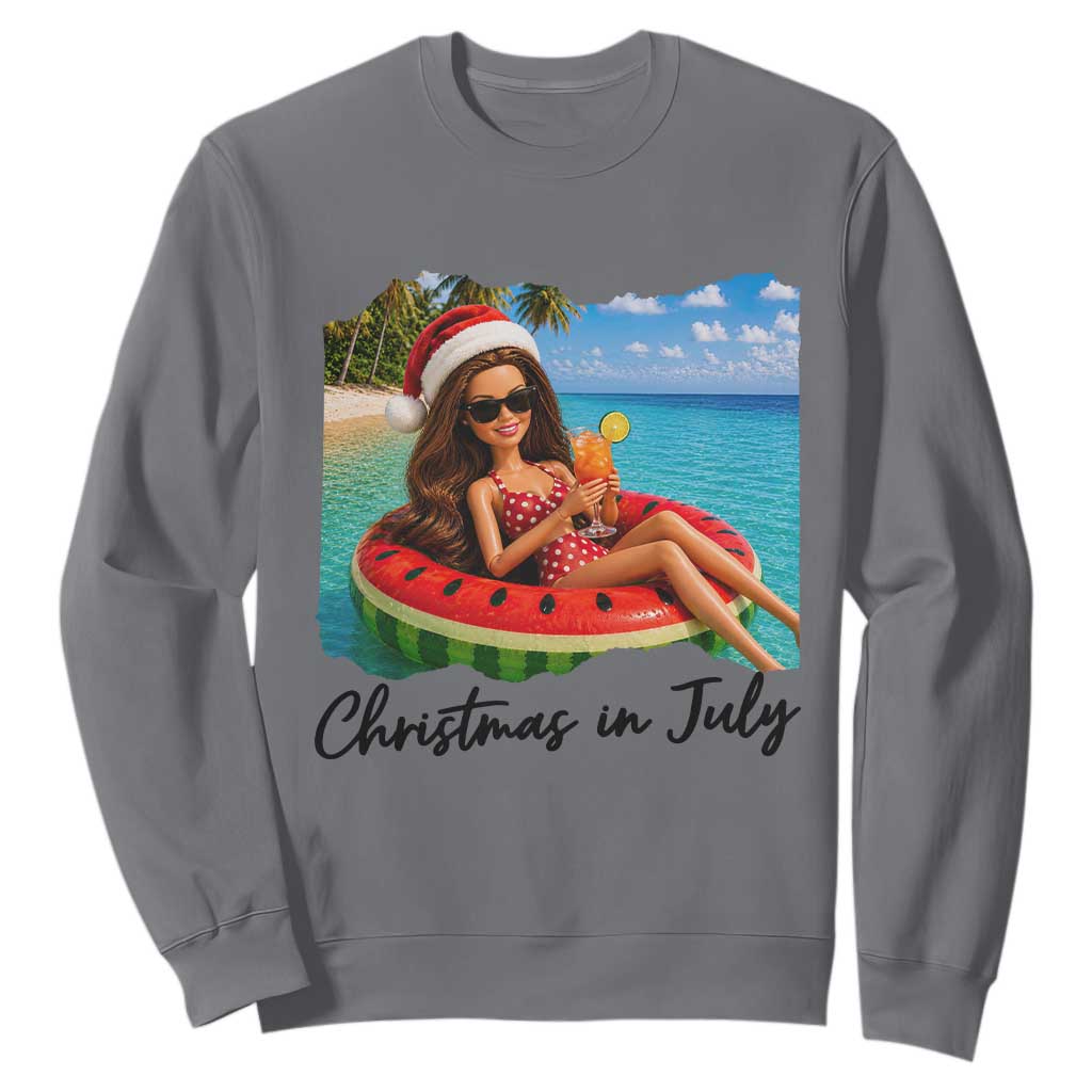 Christmas In July Tropical Doll Face Meme Sweatshirt Summer Vacation Graphic TS12 Charcoal Print Your Wear