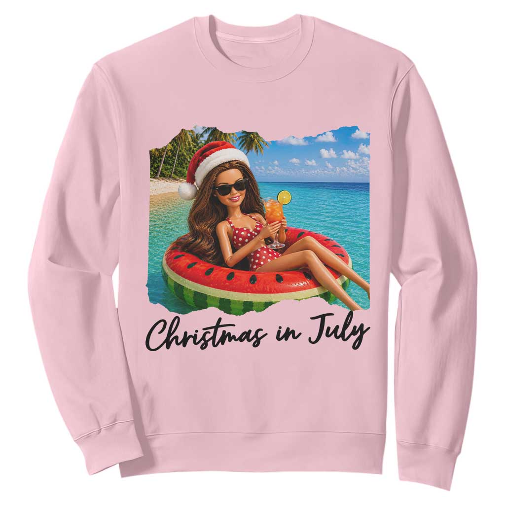 Christmas In July Tropical Doll Face Meme Sweatshirt Summer Vacation Graphic TS12 Light Pink Print Your Wear