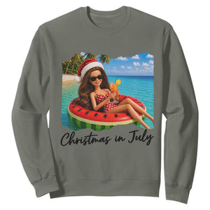 Christmas In July Tropical Doll Face Meme Sweatshirt Summer Vacation Graphic TS12 Military Green Print Your Wear