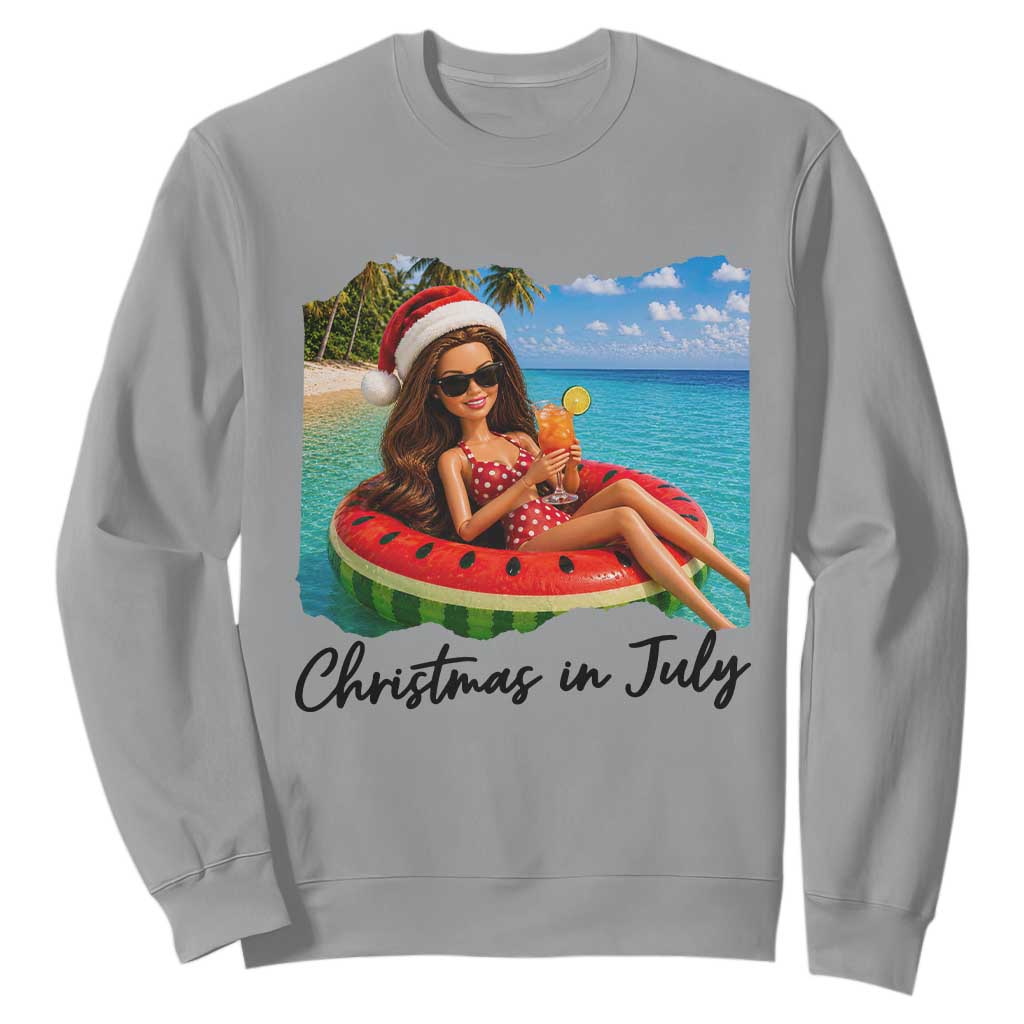 Christmas In July Tropical Doll Face Meme Sweatshirt Summer Vacation Graphic TS12 Sport Gray Print Your Wear