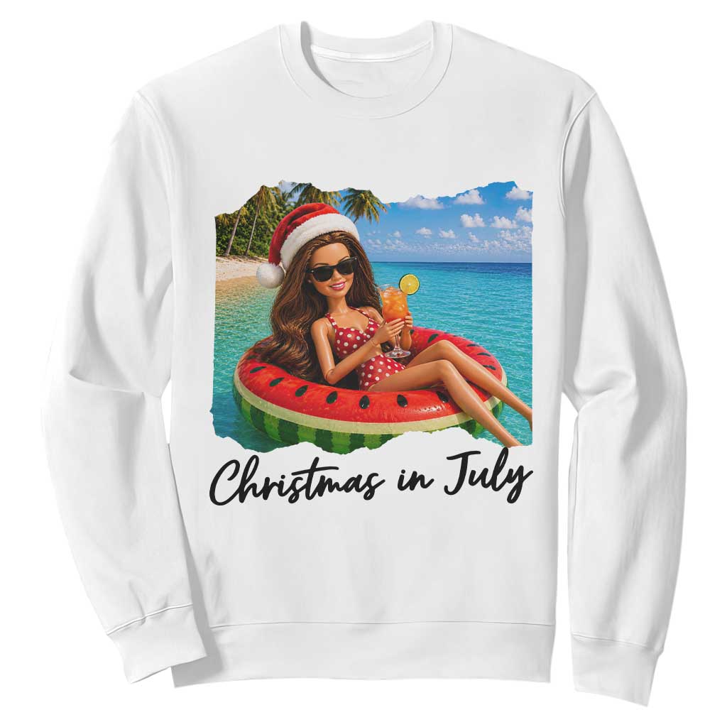 Christmas In July Tropical Doll Face Meme Sweatshirt Summer Vacation Graphic TS12 White Print Your Wear