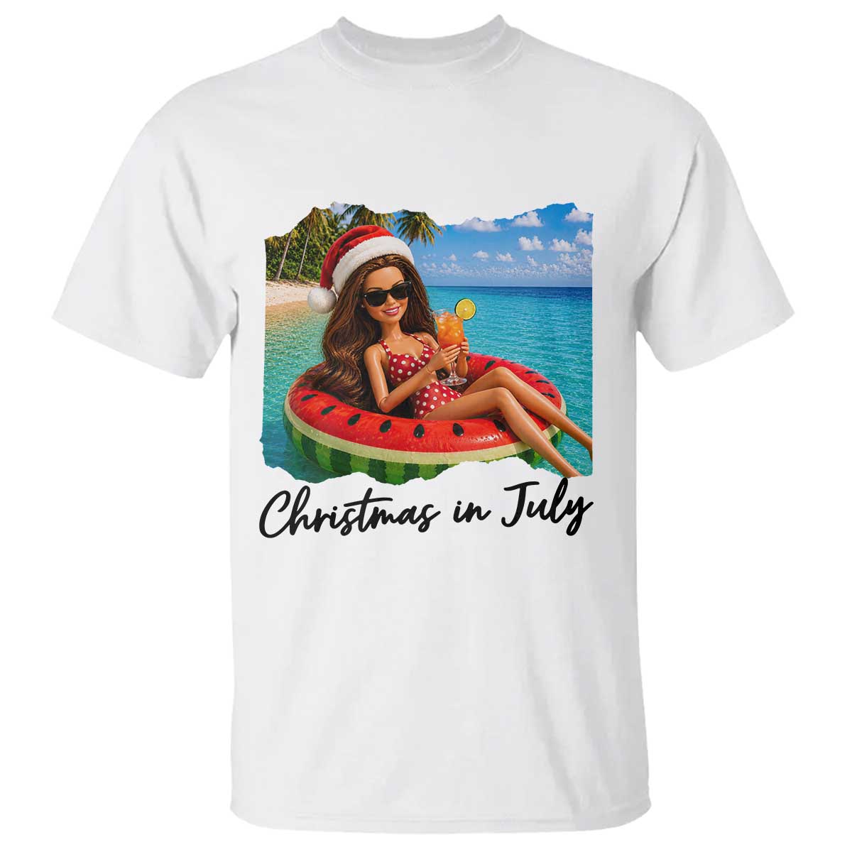 Christmas In July Tropical Doll Face Meme T Shirt Summer Vacation Graphic TS12 White Print Your Wear