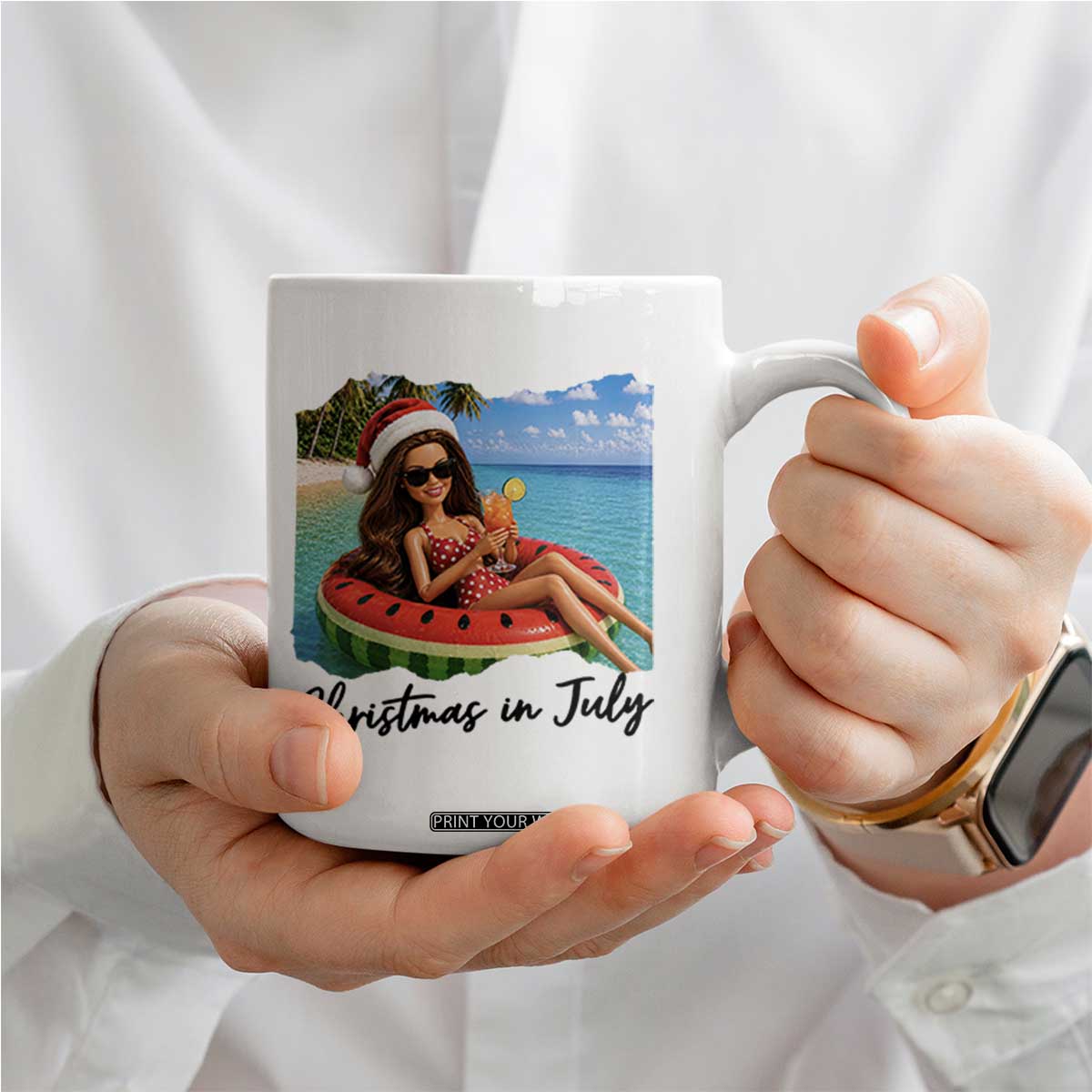Christmas In July Tropical Doll Face Meme Coffee Mug Summer Vacation Graphic TS12 Print Your Wear
