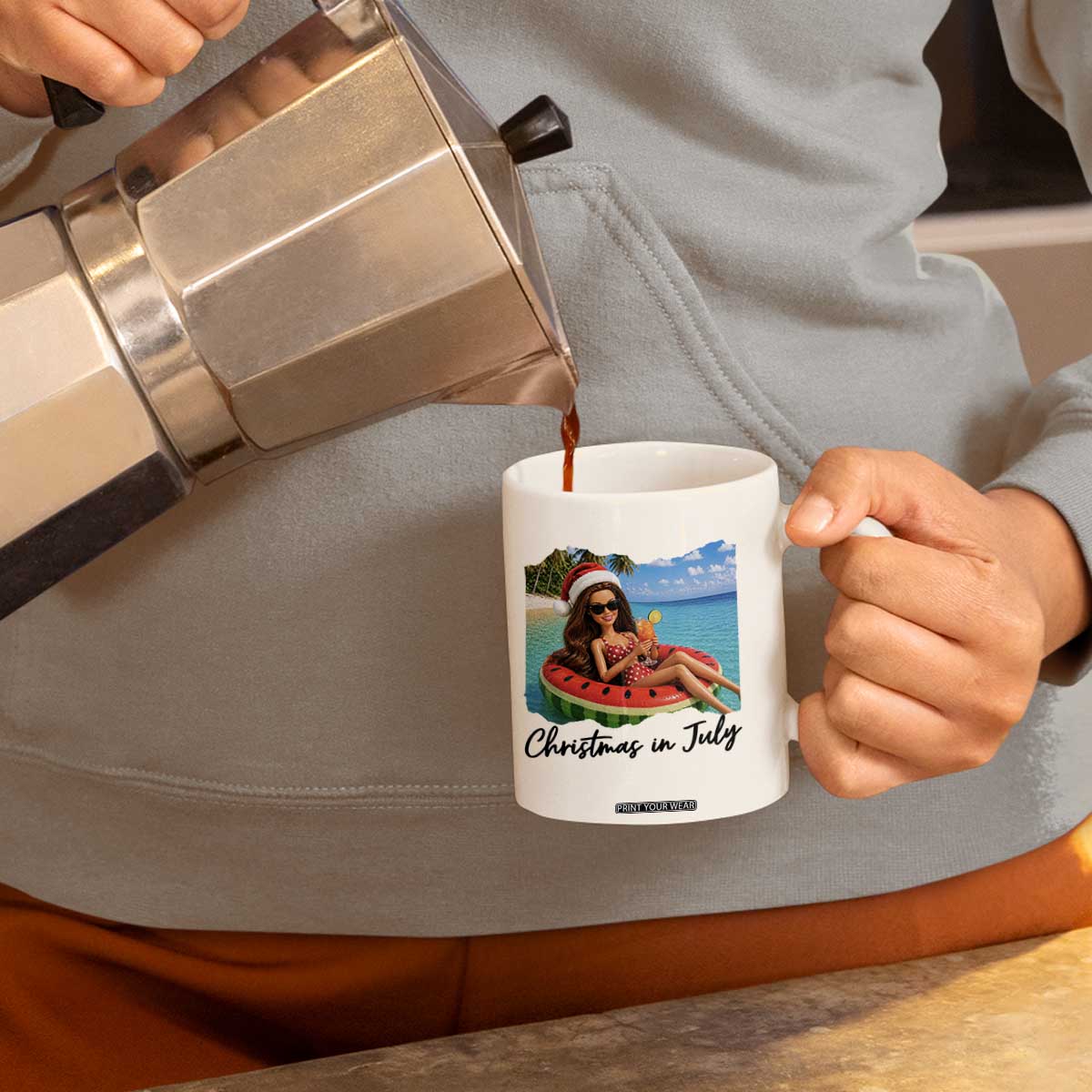 Christmas In July Tropical Doll Face Meme Coffee Mug Summer Vacation Graphic TS12 Print Your Wear