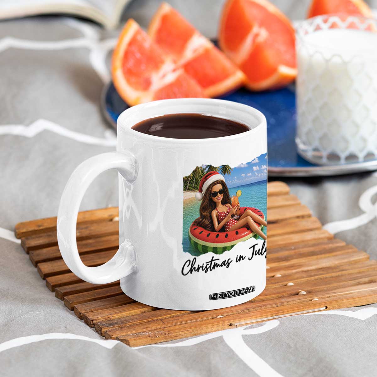 Christmas In July Tropical Doll Face Meme Coffee Mug Summer Vacation Graphic TS12 Print Your Wear