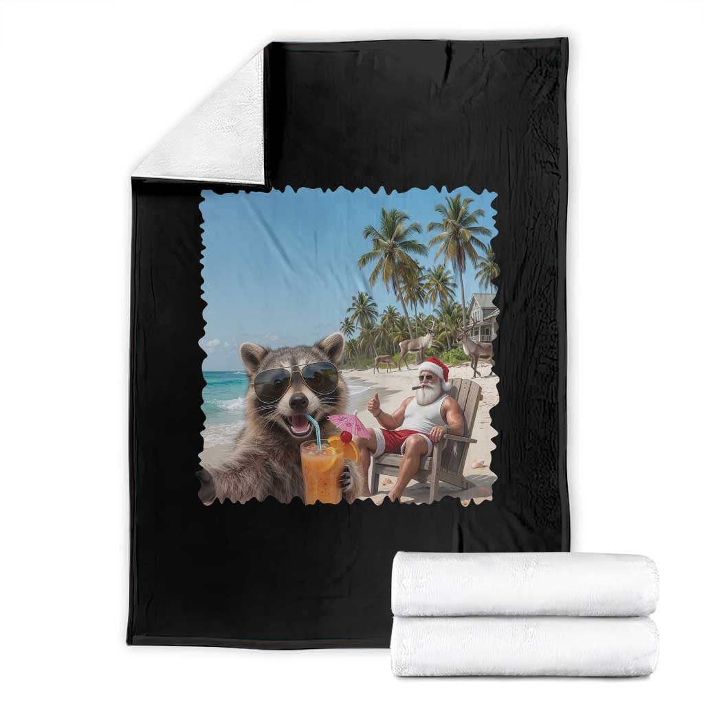 Christmas In July Raccoon And Santa Throw Blanket Tropical Summer Vacation Graphic TS12 Black Print Your Wear