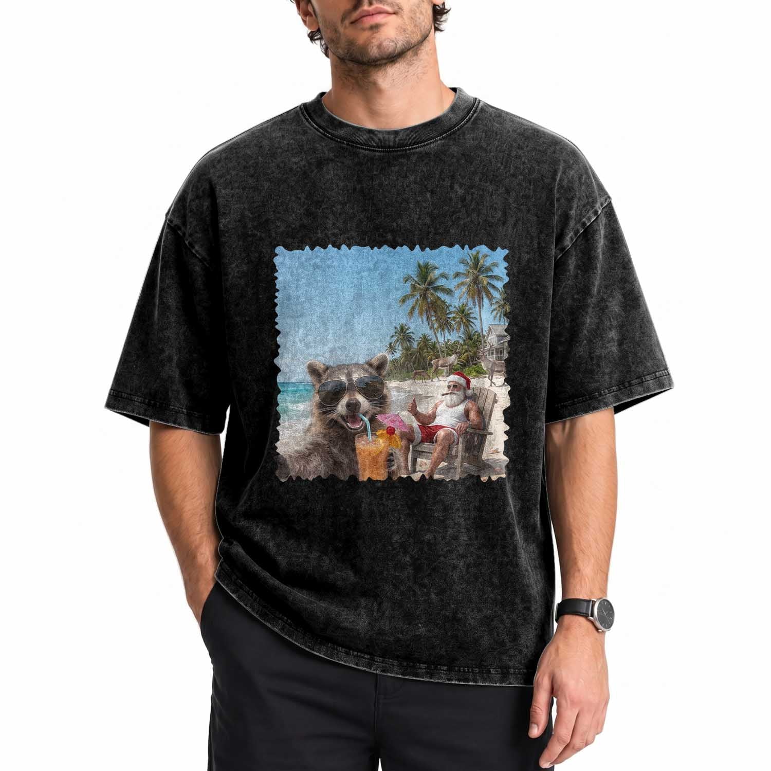 Christmas In July Raccoon And Santa Washed Cotton T-Shirt Tropical Summer Vacation Graphic