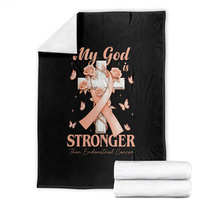 My God Is Stronger Than Endometrial Cancer Throw Blanket Christian Peach Ribbon TS12 Black Print Your Wear