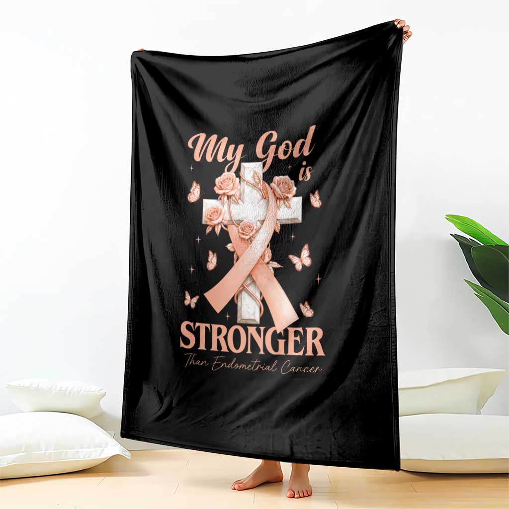 My God Is Stronger Than Endometrial Cancer Throw Blanket Christian Peach Ribbon TS12 Print Your Wear