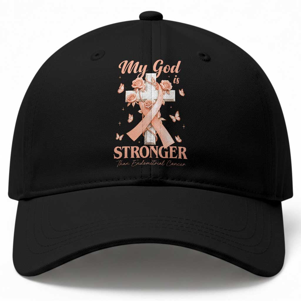 My God Is Stronger Than Endometrial Cancer Baseball Cap Christian Peach Ribbon TS12 Print Your Wear