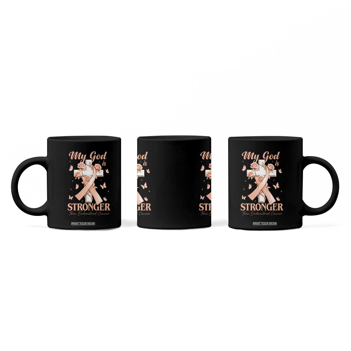 My God Is Stronger Than Endometrial Cancer Coffee Mug Christian Peach Ribbon TS12 Print Your Wear