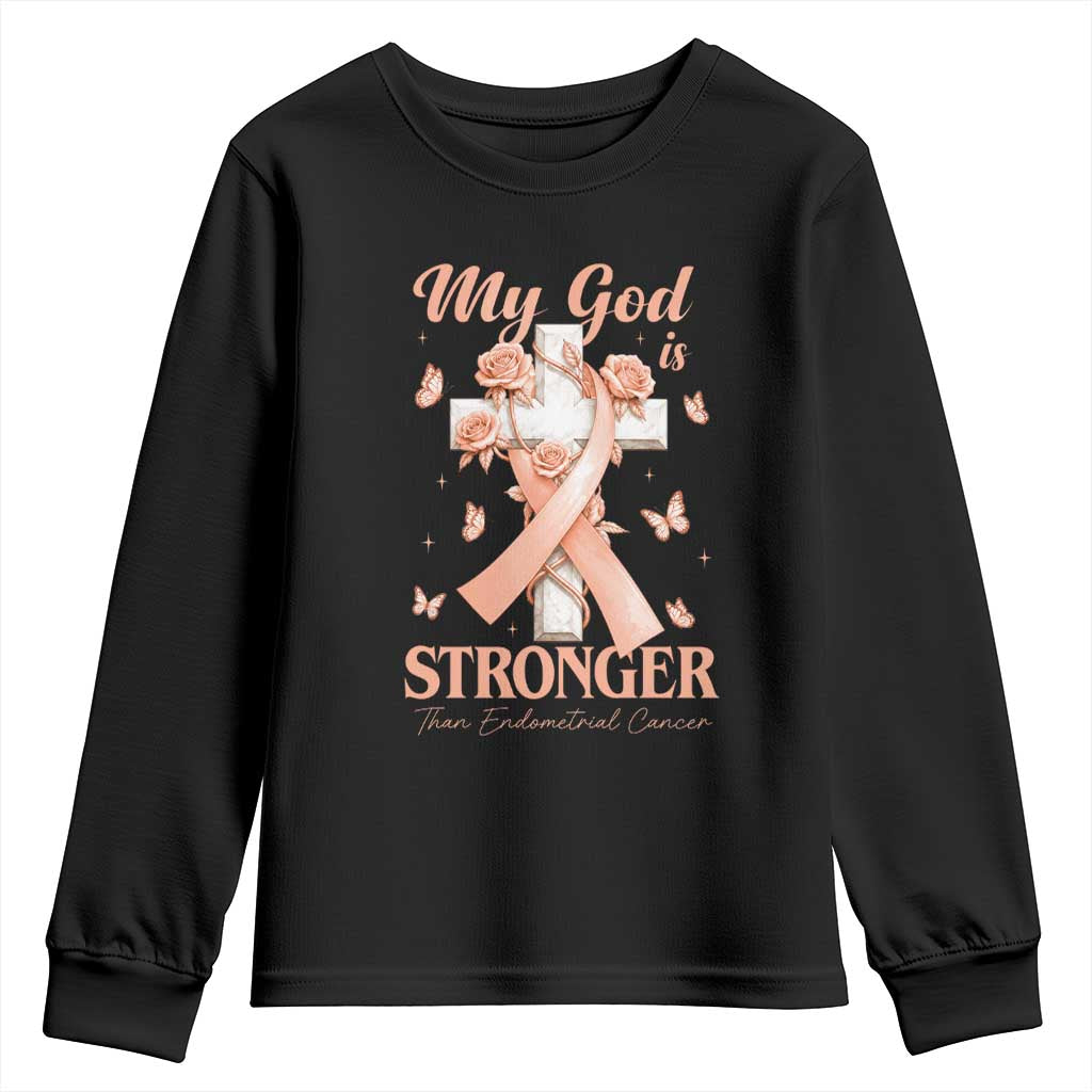 My God Is Stronger Than Endometrial Cancer Youth Sweatshirt Christian Peach Ribbon TS12 Black Print Your Wear