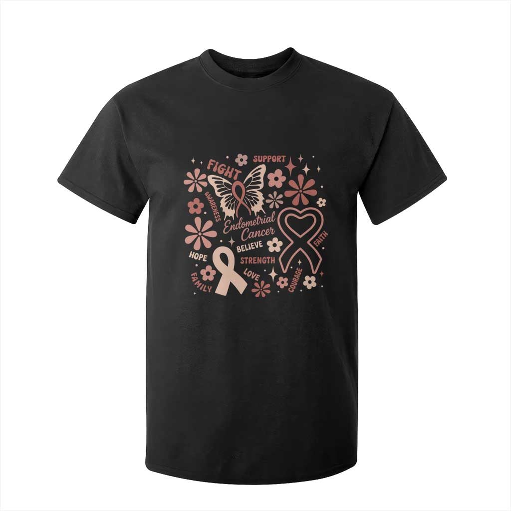 Floral Butterfly Endometrial Cancer Awareness T Shirt For Kid Believe Strength Faith TS12 Black Print Your Wear
