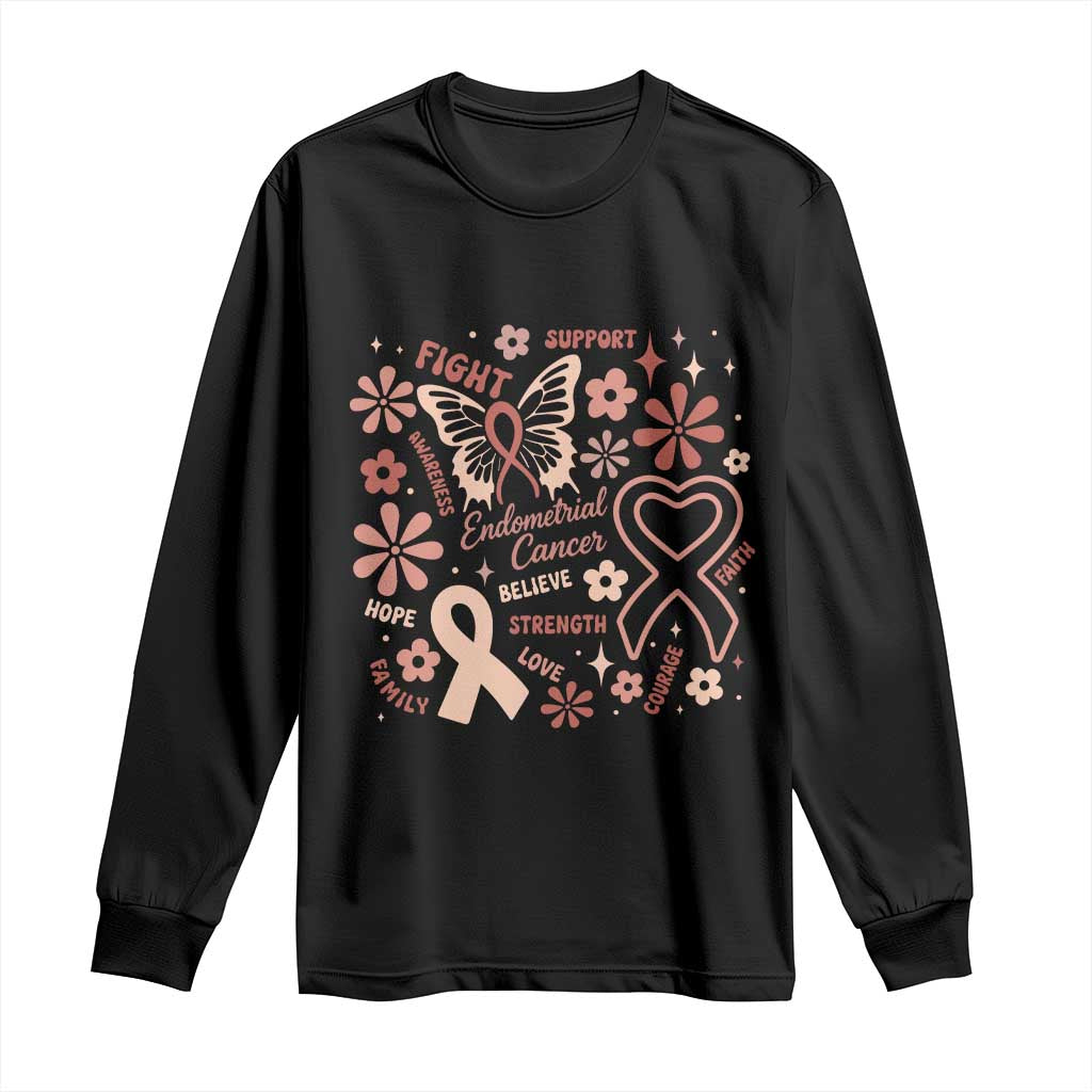 Floral Butterfly Endometrial Cancer Awareness Long Sleeve Shirt Believe Strength Faith TS12 Black Print Your Wear