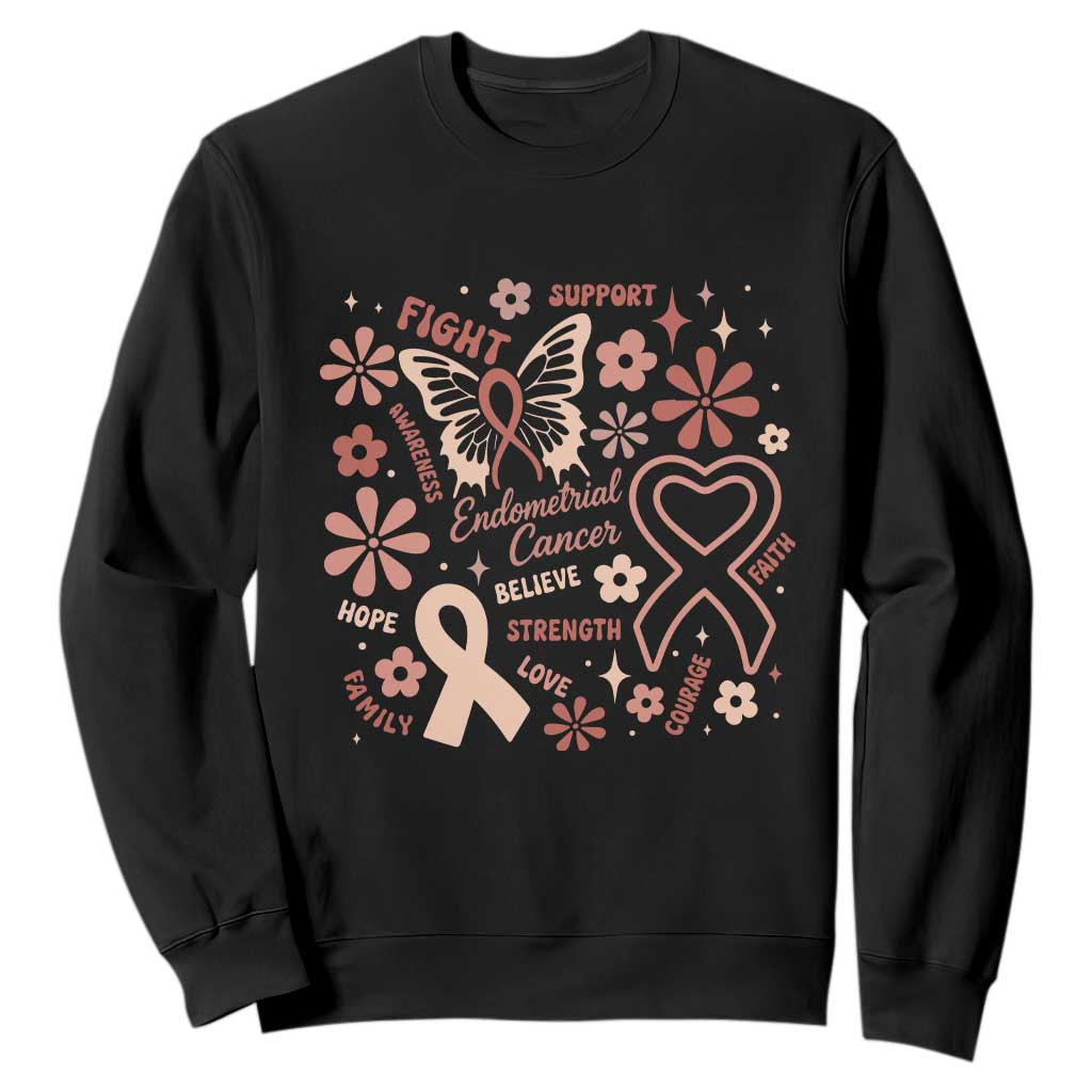 Floral Butterfly Endometrial Cancer Awareness Sweatshirt Believe Strength Faith TS12 Black Print Your Wear