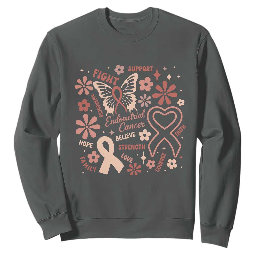 Floral Butterfly Endometrial Cancer Awareness Sweatshirt Believe Strength Faith TS12 Dark Heather Print Your Wear