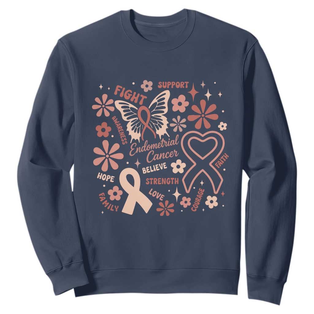 Floral Butterfly Endometrial Cancer Awareness Sweatshirt Believe Strength Faith TS12 Navy Print Your Wear