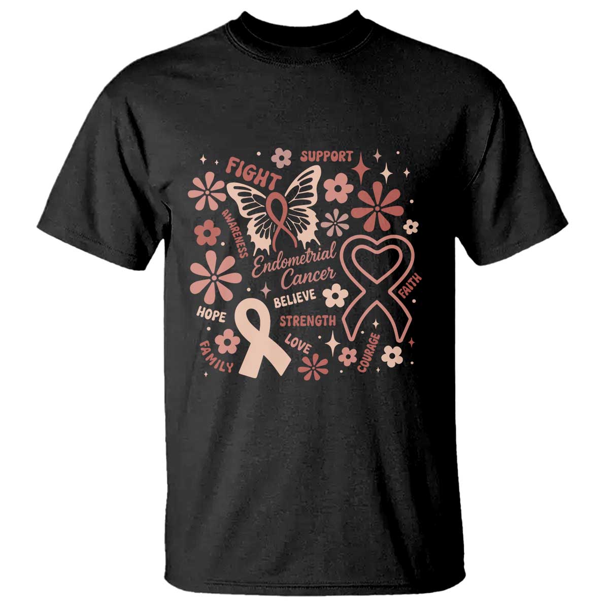 Floral Butterfly Endometrial Cancer Awareness T Shirt Believe Strength Faith TS12 Black Print Your Wear