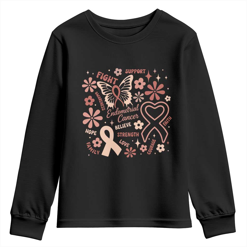 Floral Butterfly Endometrial Cancer Awareness Youth Sweatshirt Believe Strength Faith TS12 Black Print Your Wear