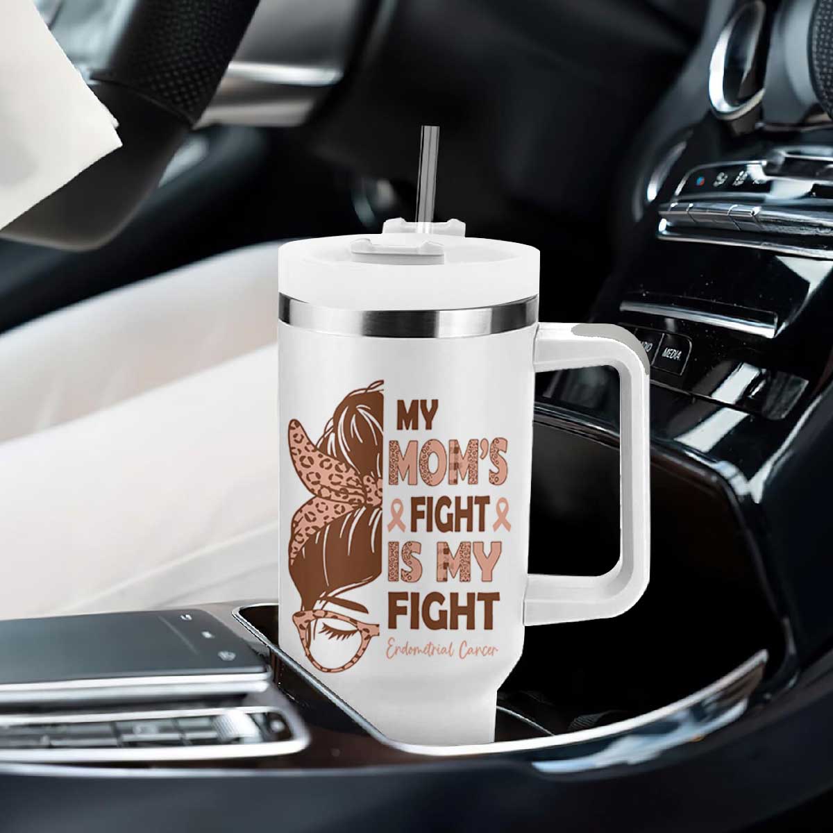 Endometrial Cancer Support Tumbler With Handle My Moms Fight My Fight TS12 Print Your Wear