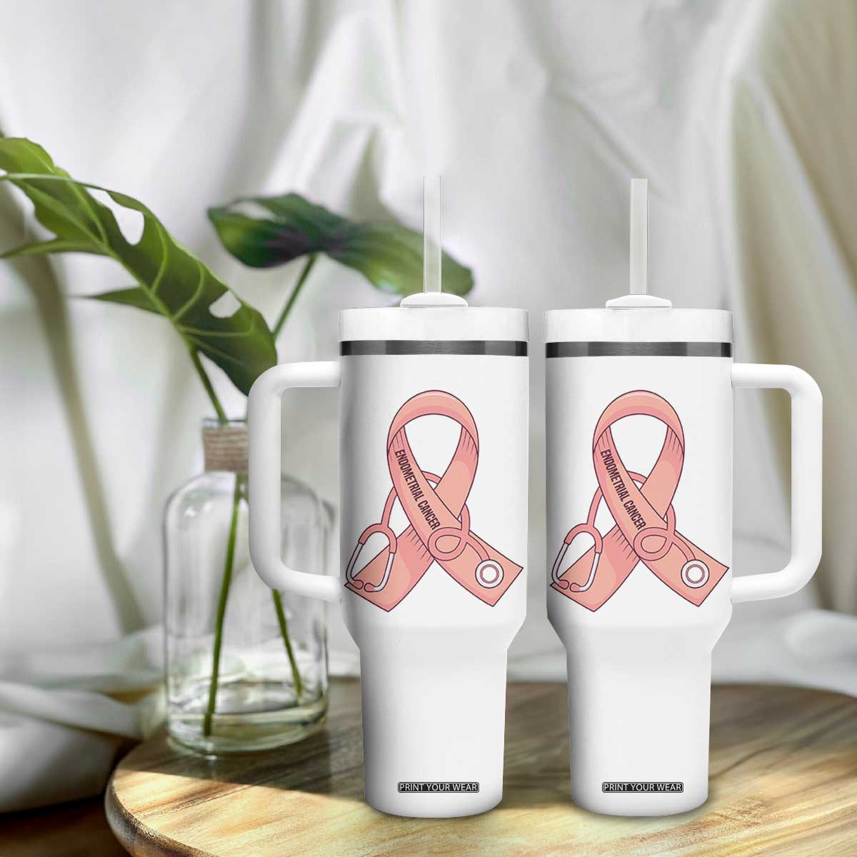 Endometrial Cancer Healthcare Warrior Tumbler With Handle Peach Stethoscope Nurse TS12 Print Your Wear