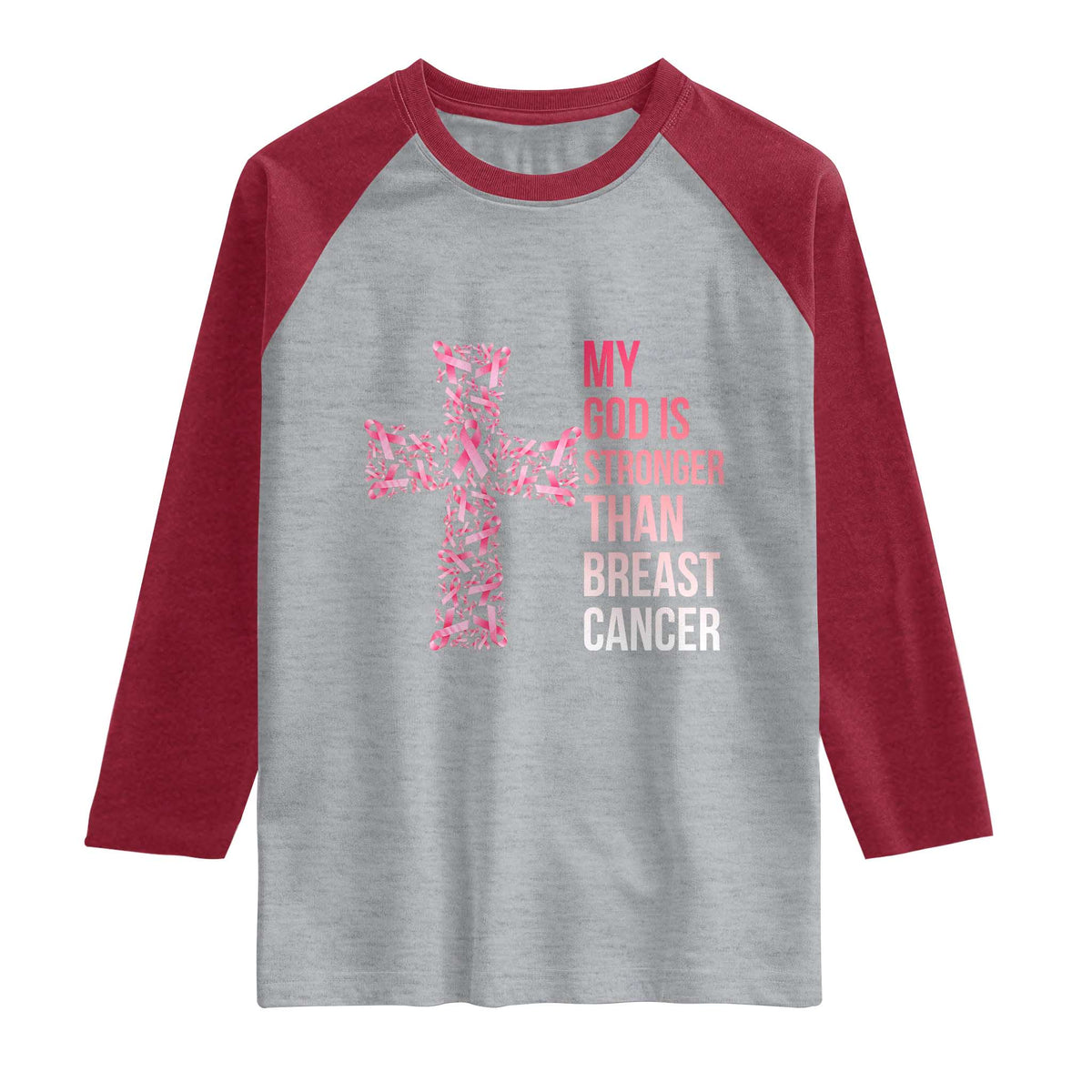My God Is Stronger Than Breast Cancer Survivor Hope Gift Raglan Shirt TS12 Heather Gray Heather Red Print Your Wear