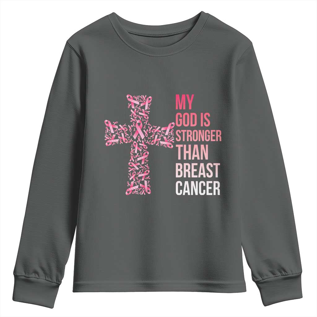 My God Is Stronger Than Breast Cancer Survivor Hope Gift Youth Sweatshirt TS12 Dark Heather Print Your Wear