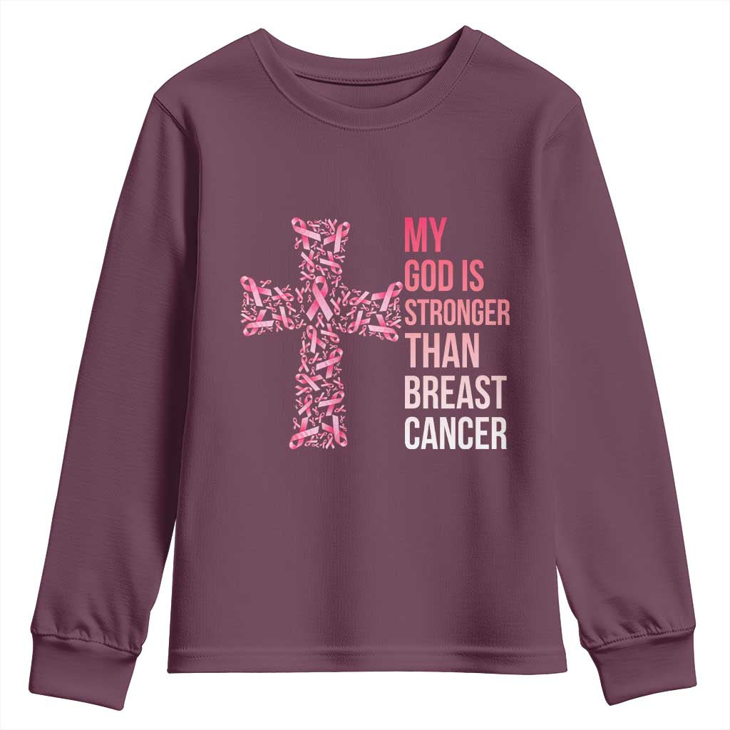 My God Is Stronger Than Breast Cancer Survivor Hope Gift Youth Sweatshirt TS12 Maroon Print Your Wear