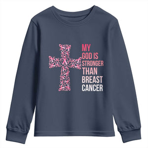 My God Is Stronger Than Breast Cancer Survivor Hope Gift Youth Sweatshirt TS12 Navy Print Your Wear