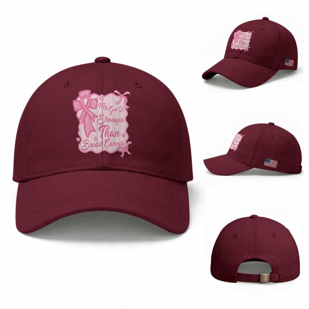 My God Is Stronger Than Breast Cancer Baseball Cap Christian Support Gift TS12 Baseball Cap Universal Fit Maroon Print Your Wear