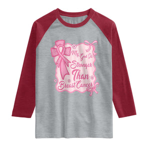 My God Is Stronger Than Breast Cancer Raglan Shirt Christian Support Gift TS12 Heather Gray Heather Red Print Your Wear