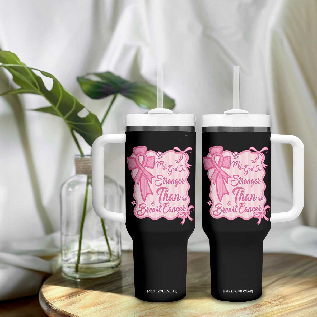My God Is Stronger Than Breast Cancer Tumbler With Handle Christian Support Gift TS12 Print Your Wear