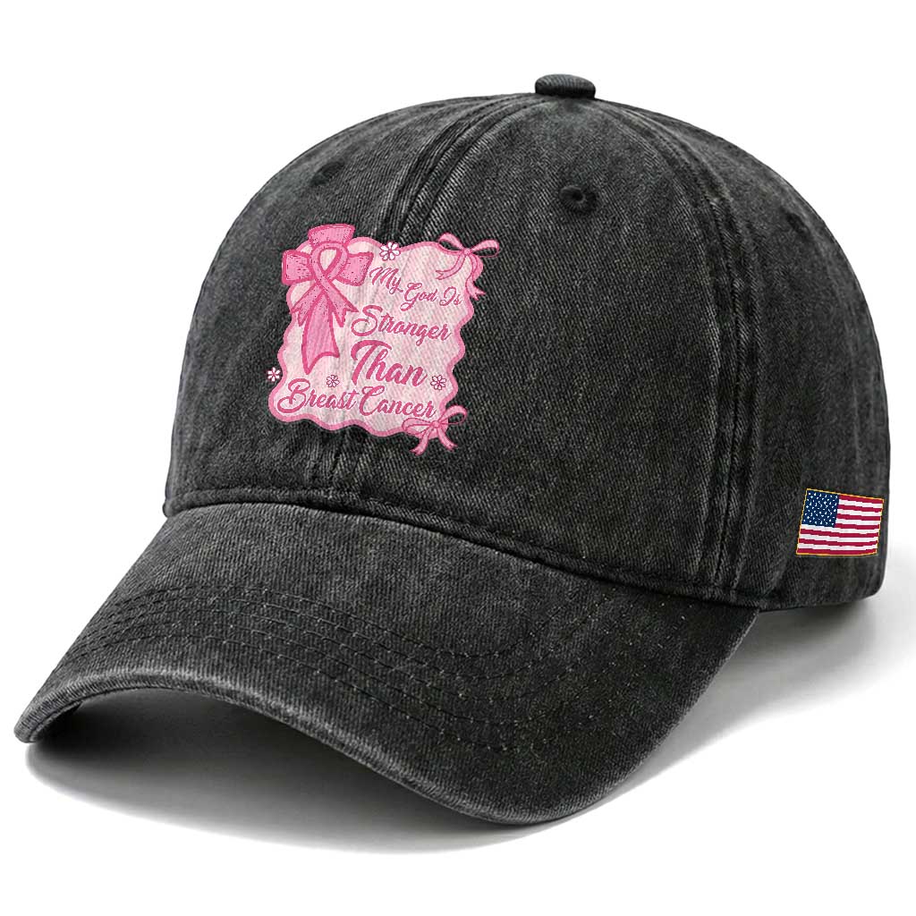 My God Is Stronger Than Breast Cancer Washed Cotton Baseball Cap Christian Support Gift TS12 Print Your Wear