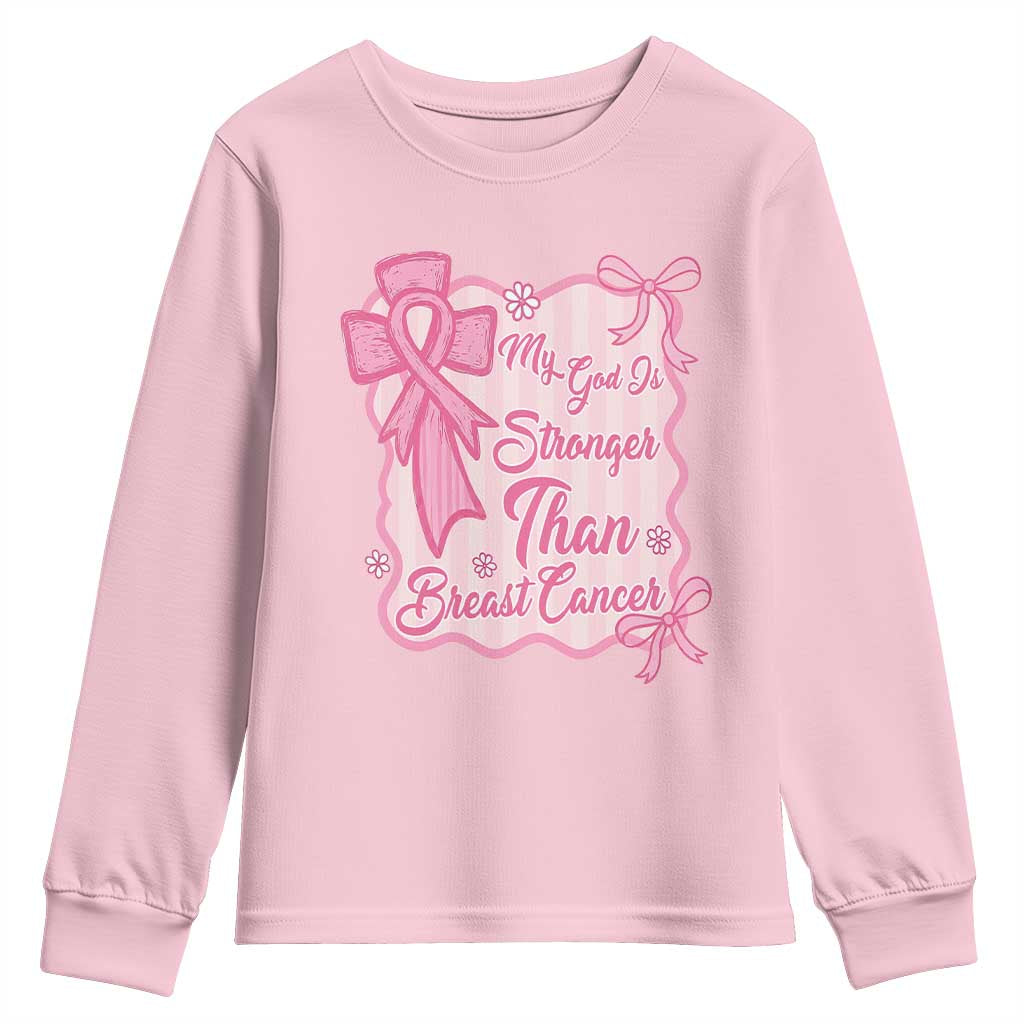 My God Is Stronger Than Breast Cancer Youth Sweatshirt Christian Support Gift TS12 Light Pink Print Your Wear